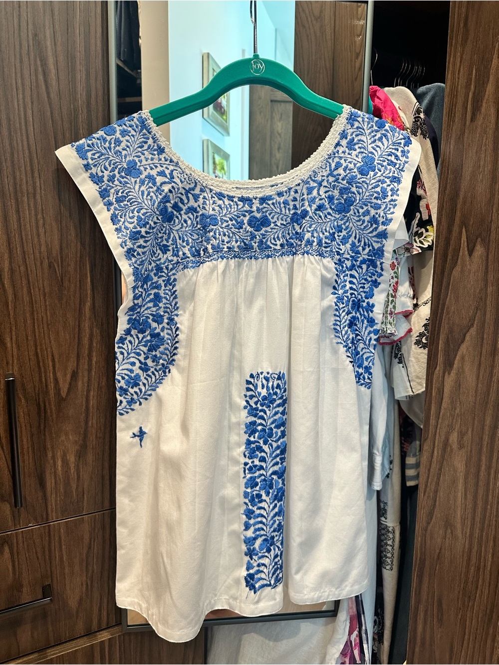 Mi Golondrina White Blouse with Blue Floral Embroidery